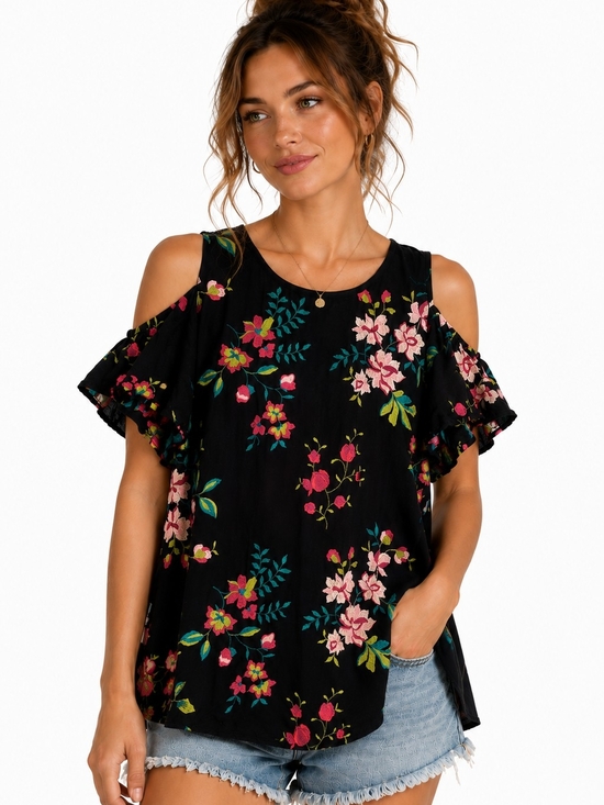 Karen Kane Tops - Karen Kane Embroidered Floral Cold Shoulder Blouse Black Size Medium Boho
